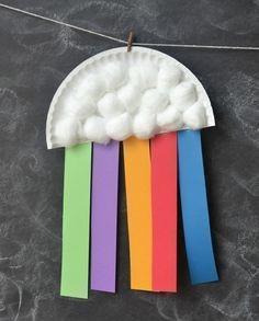 Paper plate rainbow with colored strips of paper.