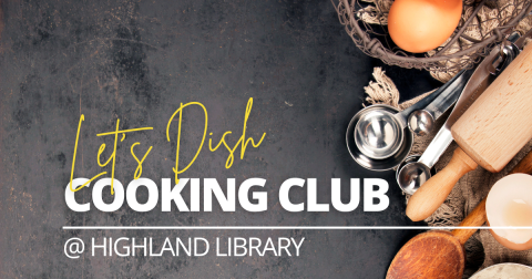 Let's dish cooking club logo with cooking supplies and ingredients 