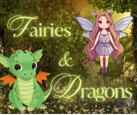 a baby dragon and a flying fairy with the words fairies & dragons