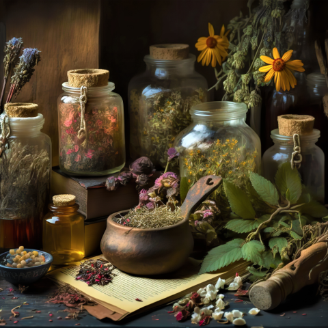 various herbs in jars