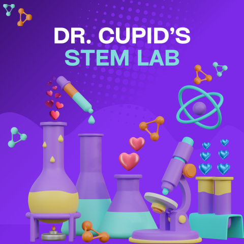 lab equipment with hearts and the text dr cupid's stem lab