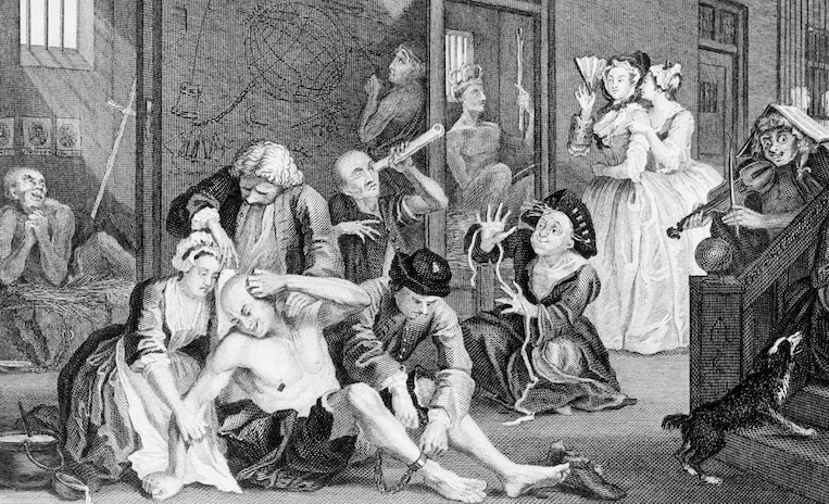 llustration of the Bedlam Insane Asylum, from an 18th-Century engraving by William Hogarth